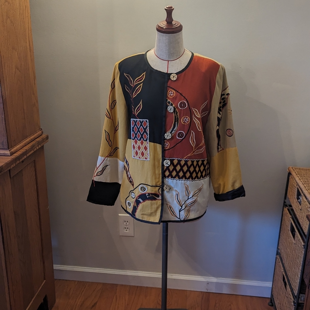 Vintage 1990's Indigo Moon Size Small Patchwork Embroidery Jacket Boxy Bohemian